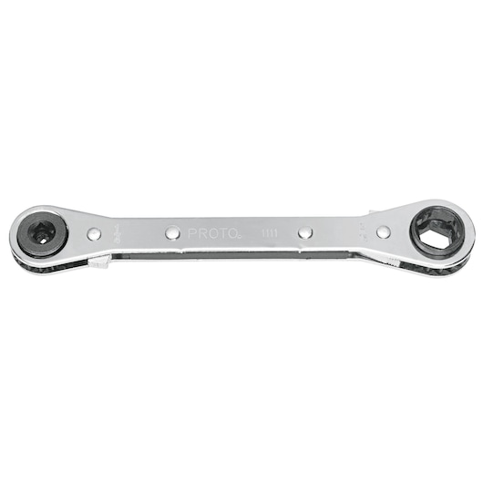 PROTO J1111 double box-end ratcheting wrench, chrome finish, top view, white background.