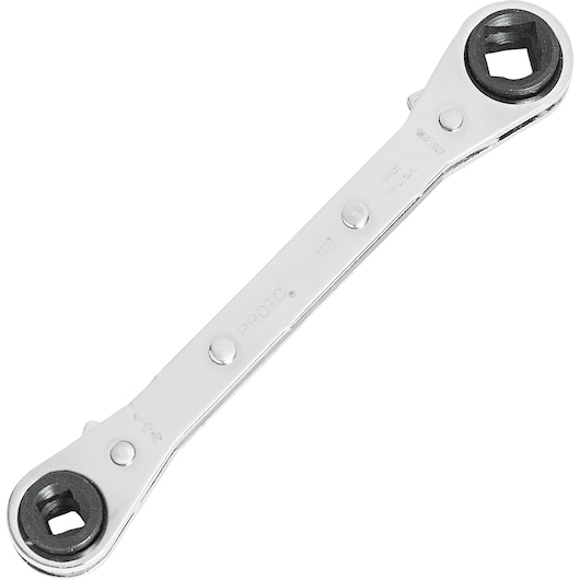 PROTO J1112 double end chrome ratcheting box wrench on white background, showing both square drive ends.