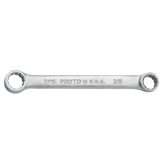 Photo of PROTO J1122 box end wrench, silver finish, dual size 7/16 and 3/8, overhead view on white background.
