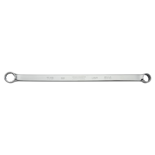 PROTO J112428L polished double box-end wrench, 7/8 and 3/4 sizes, front angle on white background.