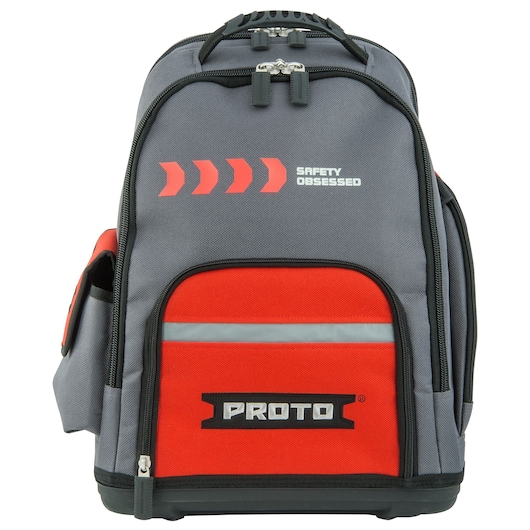 PROTO J114BP gray and red tool backpack, front angle, zippered pockets and side pouch visible.