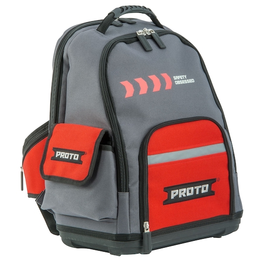 PROTO J114BP gray and red tool backpack with multiple pockets, front angle, photography on white background.