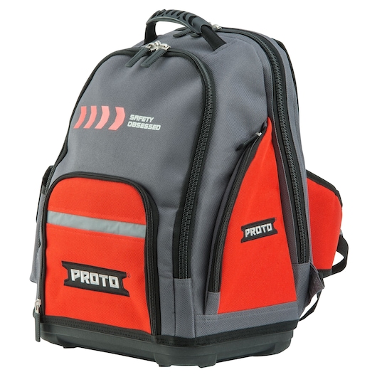 PROTO J114BP tool backpack, gray and red fabric with multiple zippered pockets, front and side logo, white background.