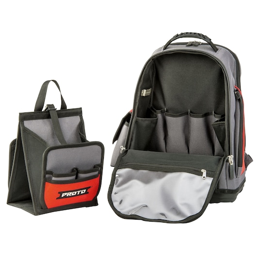 PROTO J114BP tool backpack and detachable organizer in black, gray, and red, open to show multiple storage pockets, front angle.