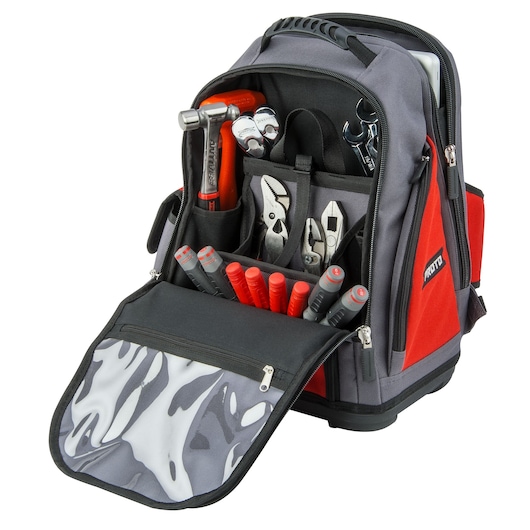 PROTO backpack J114BP with organized hand tools, gray and red, open front pocket, photography, angled view.