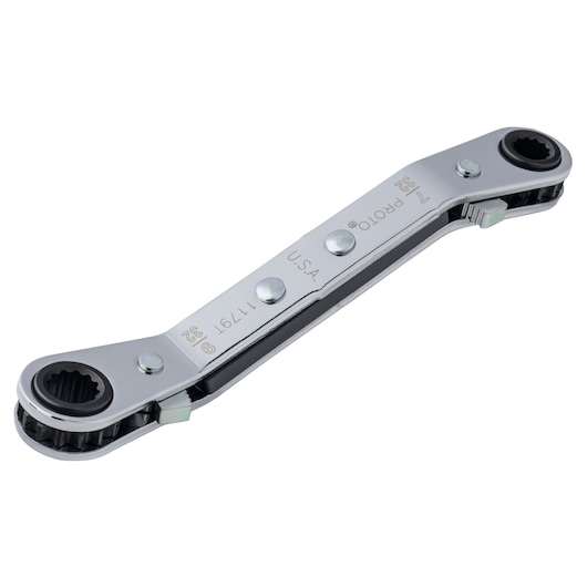 PROTO J1179T double box-end ratcheting wrench, silver finish, angled view, photography on white background.