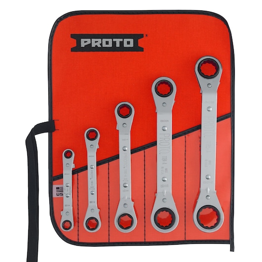 PROTO J1180A ratcheting box wrench set, five pieces in a red holder, front angle.