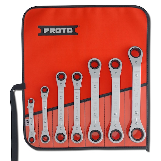 Photo of PROTO J1180MA ratcheting wrench set with 7 wrenches in a red carrying pouch, top-down view.