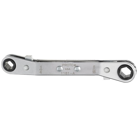 PROTO J1181-A chrome-finish ratcheting box wrench with 1/4 and 5/16 inch ends, side angle, white background.