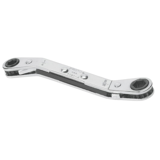PROTO J1181-A ratcheting box wrench, silver, two-head design, product photography on white background.