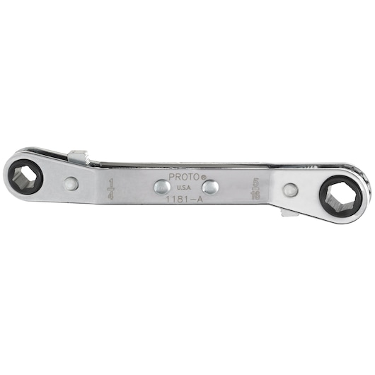 PROTO J1181-A chrome-finish ratcheting box wrench with 1/4 and 5/16 inch ends, side angle, white background.
