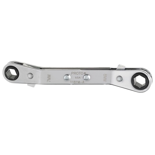 PROTO J1181M-A steel ratcheting box wrench, 7mm and 8mm, product side view on white background.