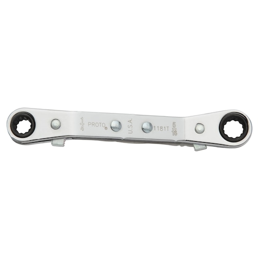 PROTO J1181T ratcheting box wrench, silver metal, flat lay photography, tool category.