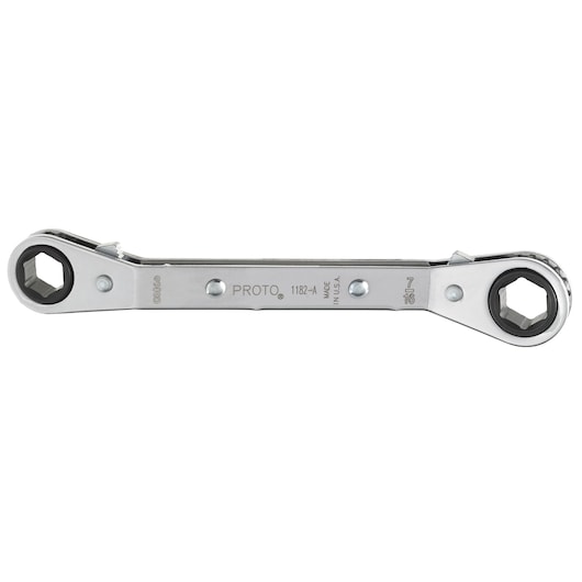 PROTO J1182-A ratcheting box wrench, chrome finish, two hex ends, product photography, flat angle, white background.