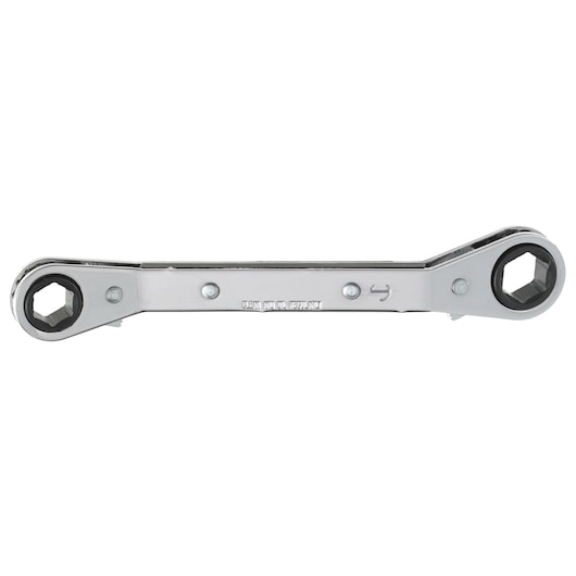 PROTO J1182-A chrome double box end ratcheting wrench, product photography, front angle, white background.