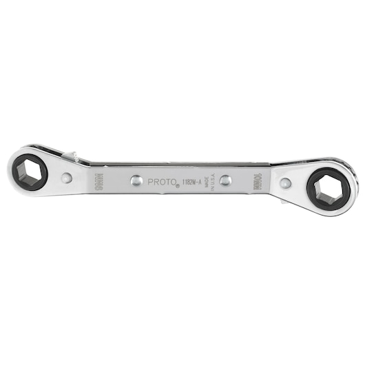 PROTO J1182M-A ratcheting box wrench, 9mm and 10mm, chrome finish, side view on white background.