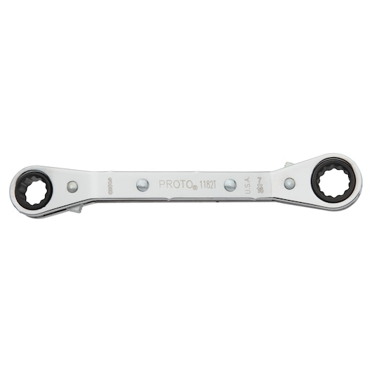 PROTO J1182T double-ended ratcheting box wrench, silver finish, flat lay product photography.