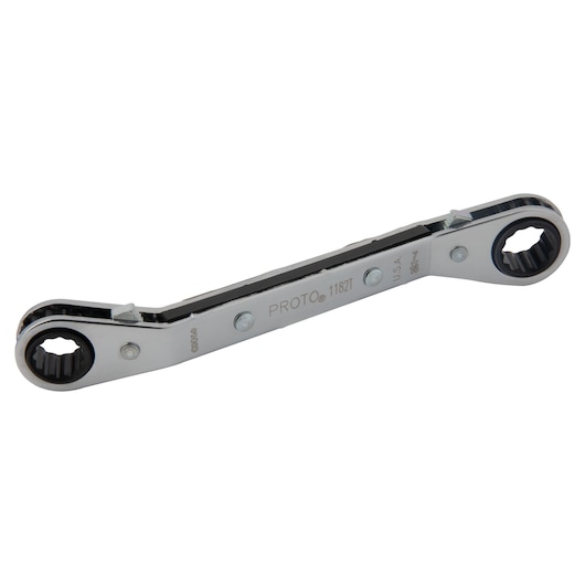 PROTO J1182T ratcheting box wrench, silver metal, side angle, white background.