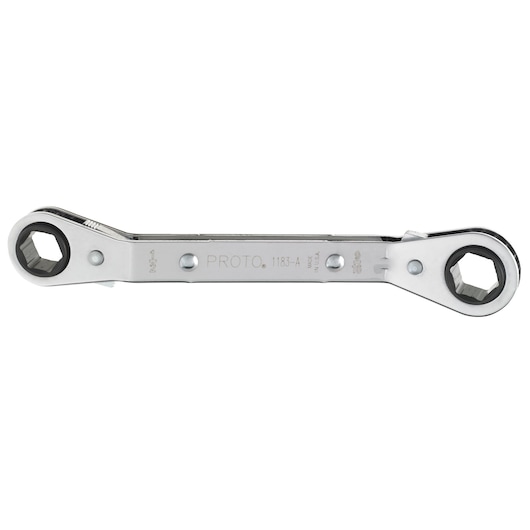 PROTO J1183-A double box end ratcheting wrench, chrome finish, product side view on white background.