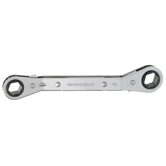PROTO J1183-A chrome double box ratcheting wrench, product category photography, side angle on white background.