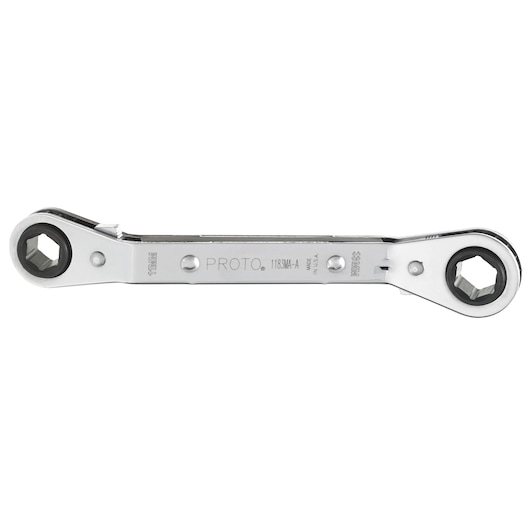 PROTO J1183MA-A double box end ratcheting wrench, chrome finish, straight-on view, white background.