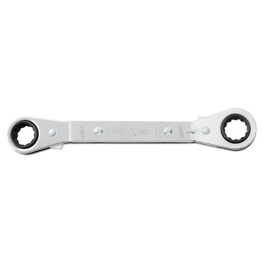 PROTO J1183T double box end ratcheting wrench, chrome finish, flat lay on white background.
