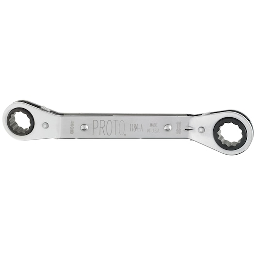 PROTO J1184-A chrome double box ratcheting wrench, product photography, side view, white background.