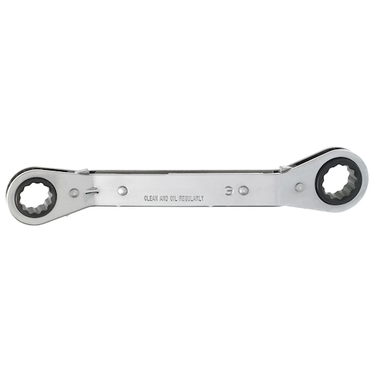 Photo of PROTO J1184-A double box end ratcheting wrench with chrome finish, top view on white background.