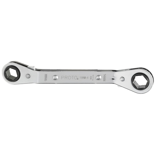 PROTO J1184MA-A double box end ratcheting wrench, chrome finish, photography, side angle, white background.