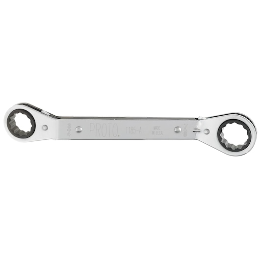 A close-up image of a PROTO brand double box-end ratcheting wrench, model J1185-A. The metallic tool has two closed ratcheting ends of different sizes, with visible markings on the handle indicating sizes and model information.