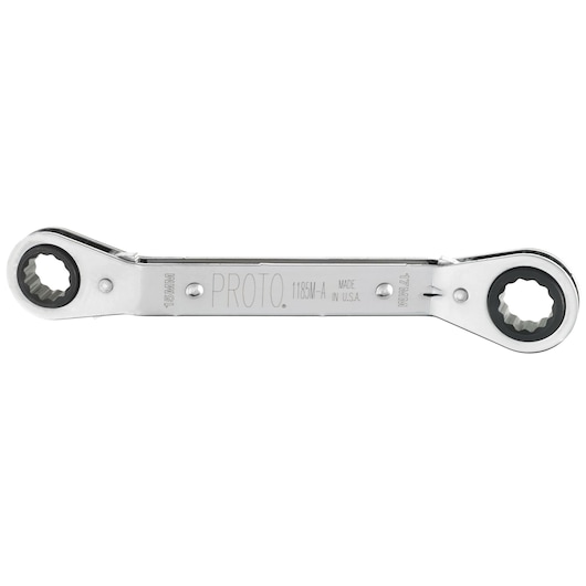 PROTO J1185M-A ratcheting box wrench, chrome finish, dual 12-point ends, product photo on white background.