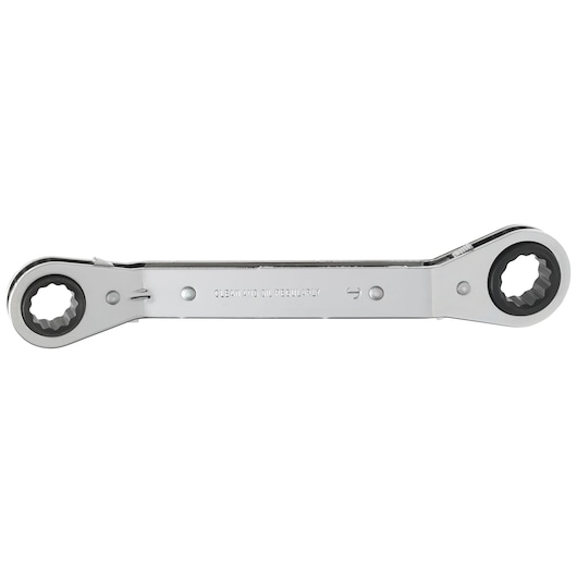 PROTO J1185M-A double box end ratcheting wrench, chrome finish, straight angle, product photography on white background.