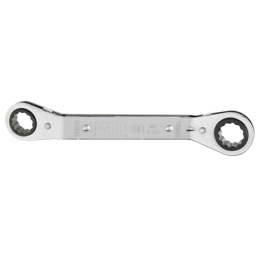 PROTO J1186M-A double box end ratcheting wrench, silver finish, 16mm and 18mm, product flat on white background.