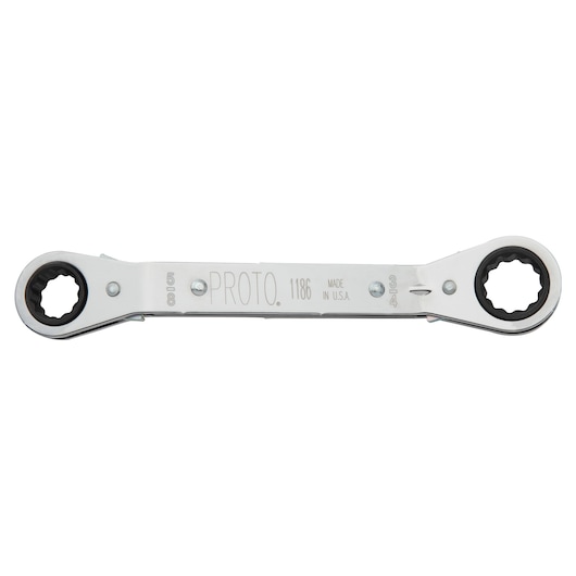 PROTO J1186 double box-end ratcheting wrench, silver finish, straight-on angle, product photography.