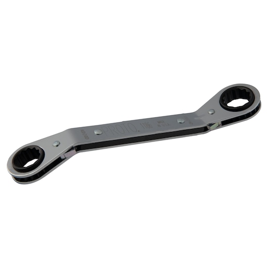 PROTO J1186 double box end ratcheting wrench, silver finish, side angle on white background.
