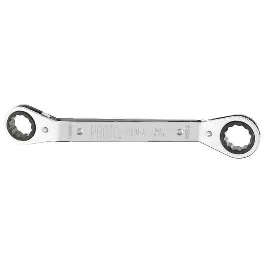 PROTO J1187M-A double box end ratcheting wrench, chrome finish, 18mm and 21mm, tool on white background.