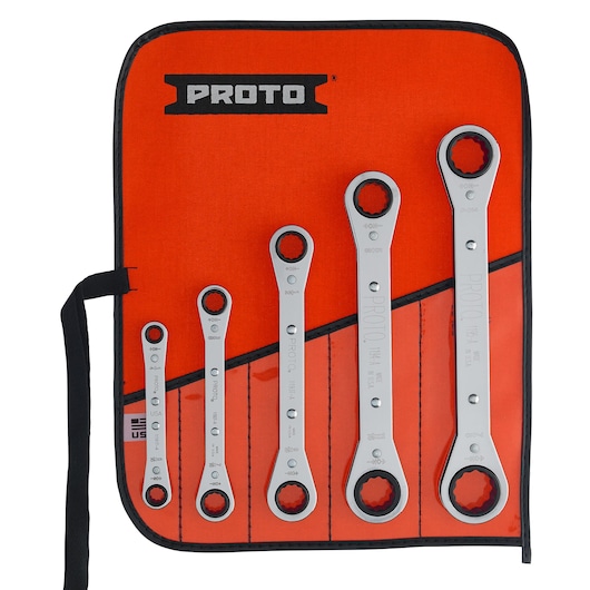 Photo of PROTO J1190A ratcheting box wrench set, five wrenches in orange tool pouch, top-down view.