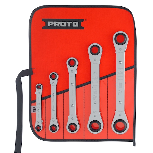 PROTO J1190LO ratcheting box wrench set, six pieces in a red roll-up pouch, top-down angle.