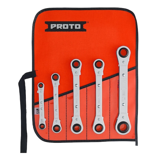 PROTO J1190MLO ratcheting wrench set, five pieces in a red roll-up pouch, top-down view.