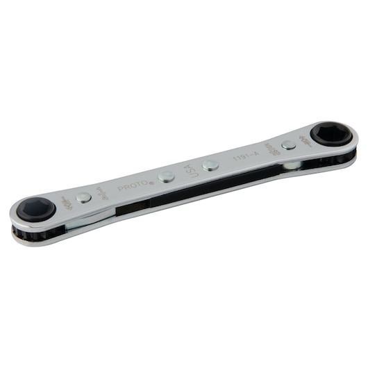 PROTO J1191-A double-end ratcheting box wrench, chrome finish, product side angle on white background.