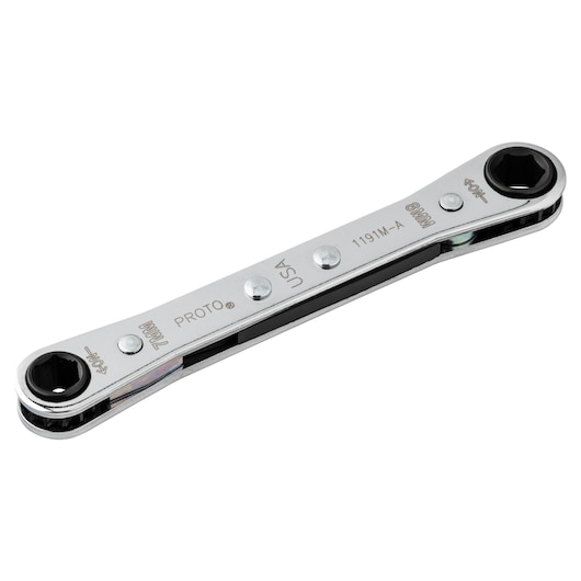 PROTO J1191M-A double box end ratcheting wrench, chrome finish, 7mm and 8mm, top angle photo.