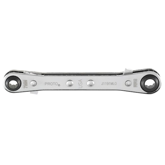 PROTO J1191MLO double box end ratcheting wrench, silver, 7mm and 8mm, front angle on white background.