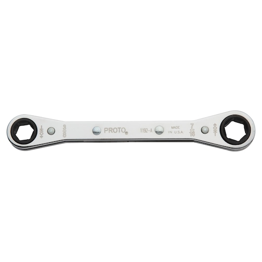 PROTO J1192-A ratcheting box wrench, chrome finish, top angle photography on white background.