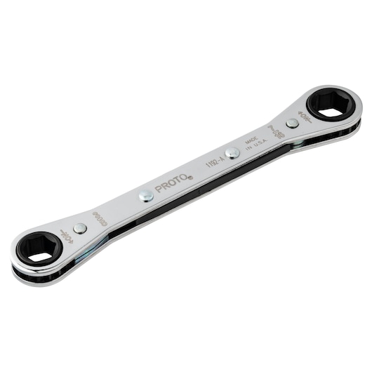 PROTO J1192-A double box-end ratcheting wrench, chrome finish, top angle on white background.