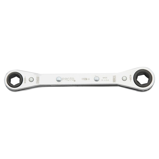 PROTO J1192M-A double box end ratcheting wrench, silver, top view, two hexagonal ends, product photography.