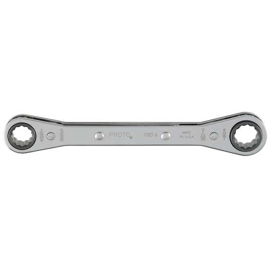 PROTO J1192T-A double box end ratcheting wrench, chrome finish, product photography, top view.