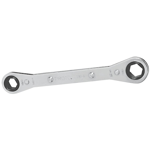 PROTO J1193-A double box end ratcheting wrench, polished chrome finish, side view, white background.