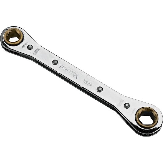 PROTO J1193MA-A double-end ratcheting wrench, chrome finish, angled product photo.