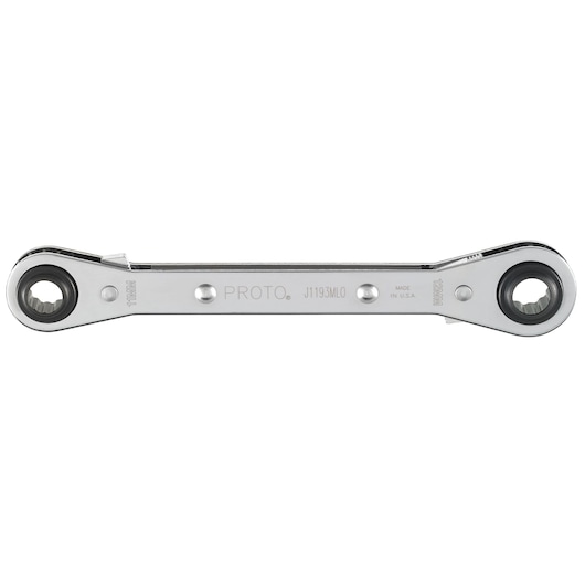 PROTO J1193MLO chrome ratcheting box wrench with two different sized ends, flat lay on white background.