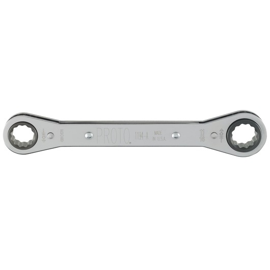 Photo of PROTO J1194-A chrome double box end ratcheting wrench on white background.